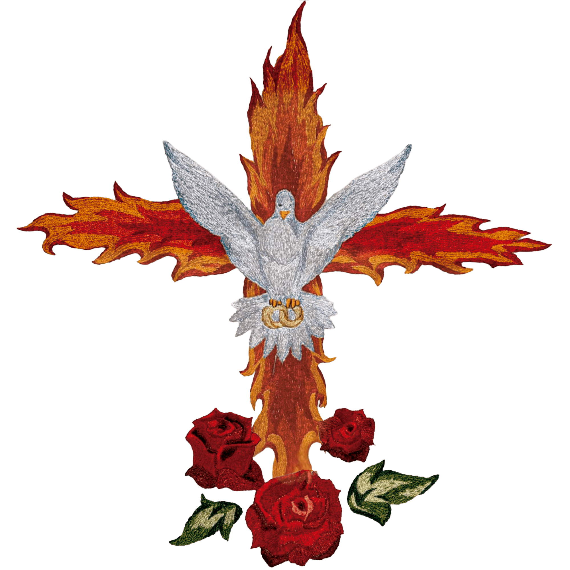Embroidered symbol of the Holy Spirit as a white dove with outstretched wings, surrounded by orange-red flames and red roses at the base, forming a cross-like design.