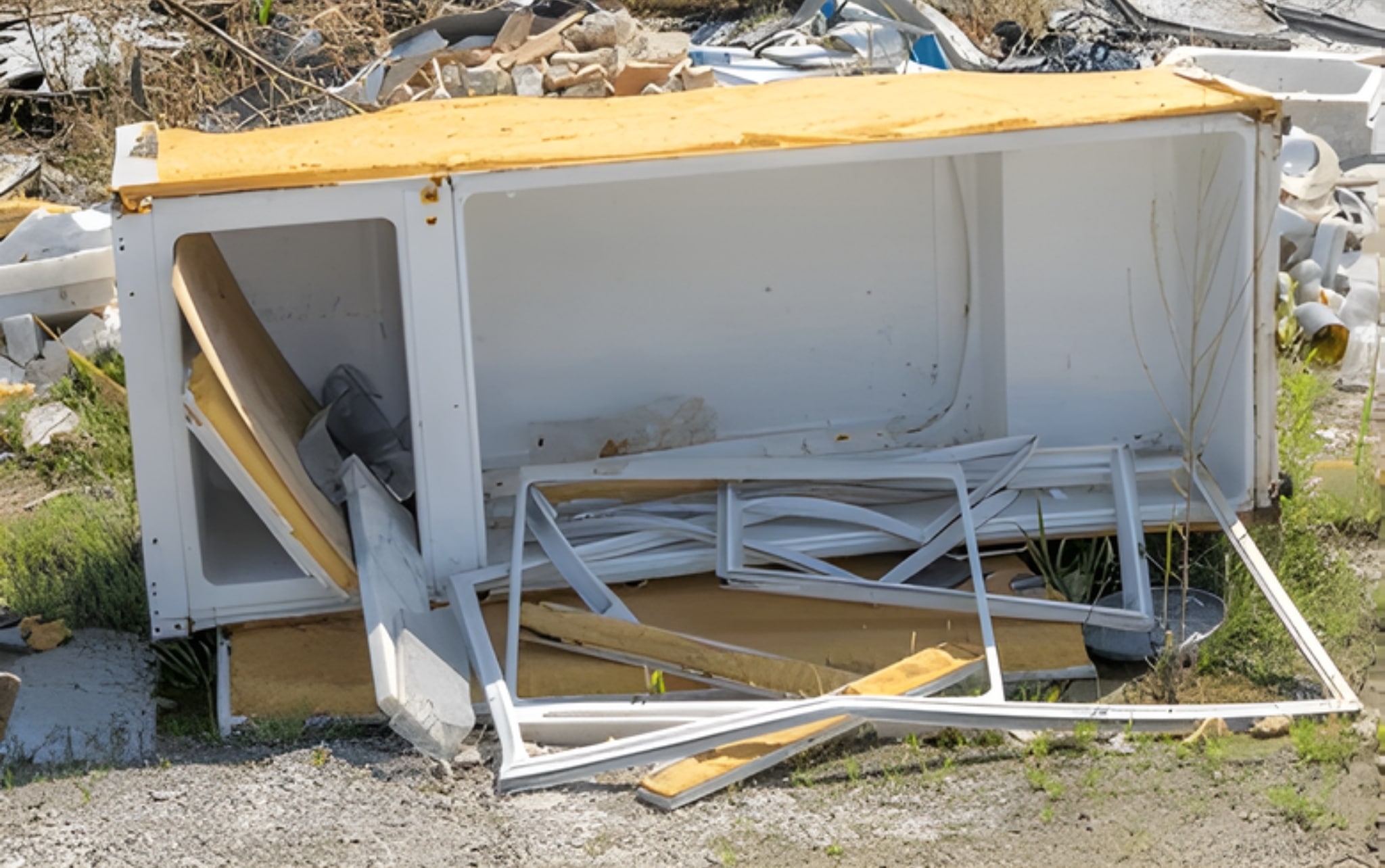 White refrigerator tipped over and damaged amid construction/demolition rubble, with yellow insulation exposed.
