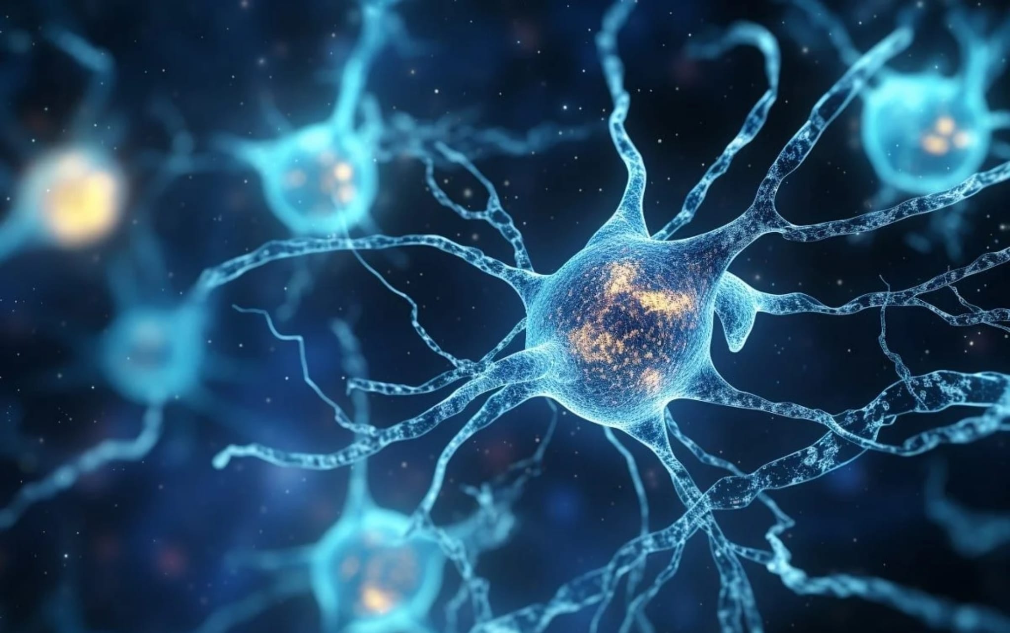 Vibrant digital illustration of interconnected neurons with glowing blue synapses and orange highlights in a neural network.
