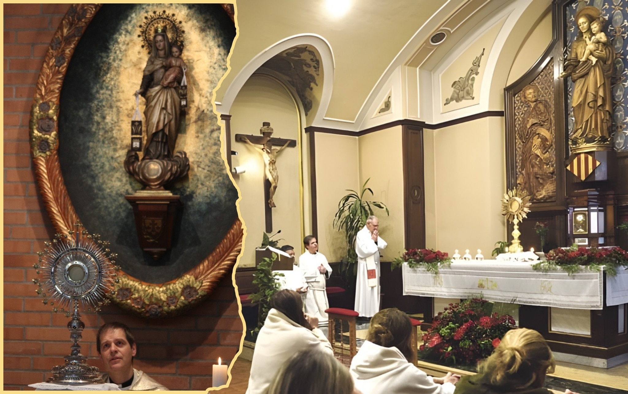 The American II Split collage: Fr. Henry in adoration under a framed image of Virgin and Child on church wall; priests in white vestments at altar with monstrance during adoration.