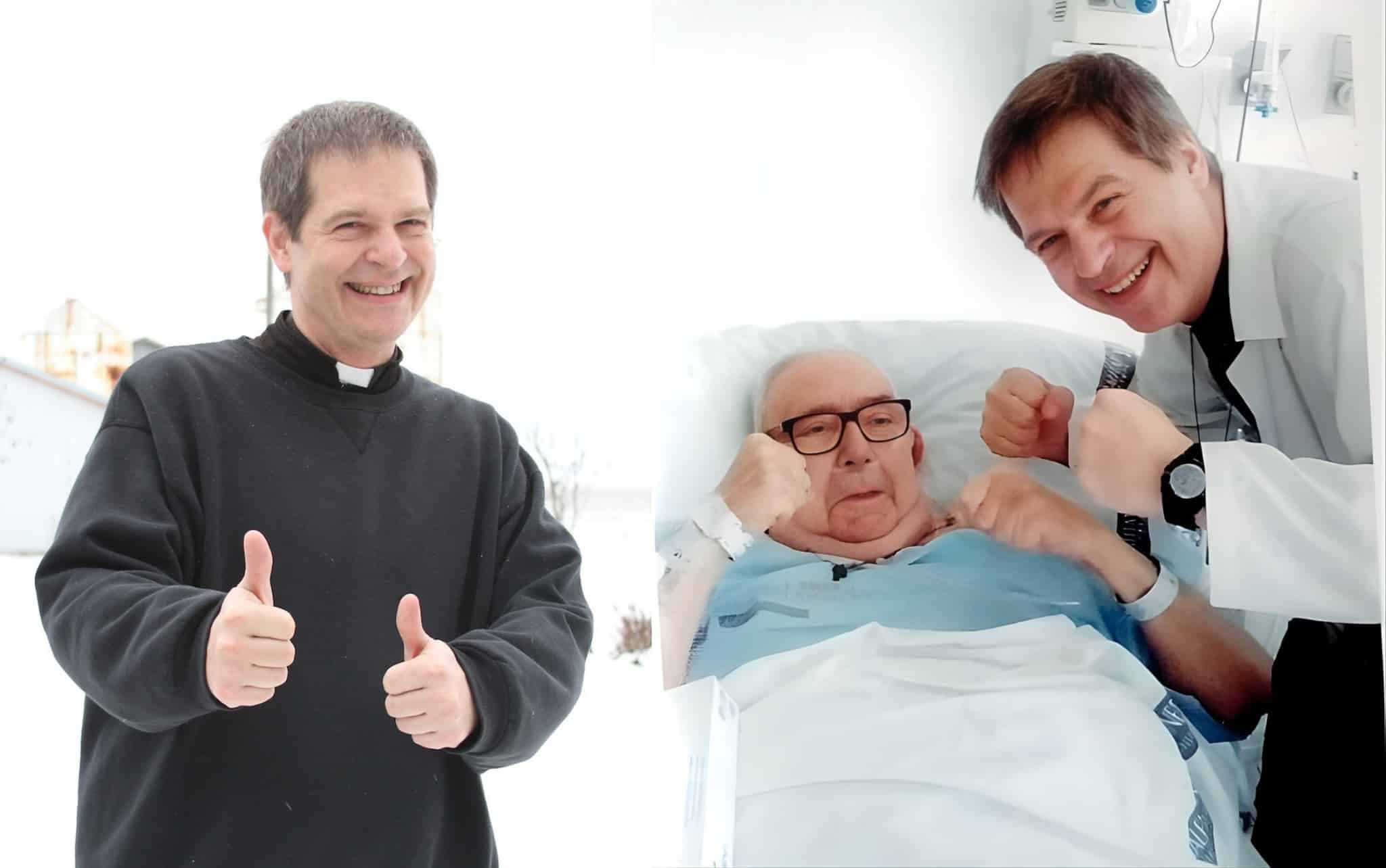 Collage: Fr. Henry giving thumbs up on the left. On the right, Fr. Henry beside smiling elderly man in hospital bed.